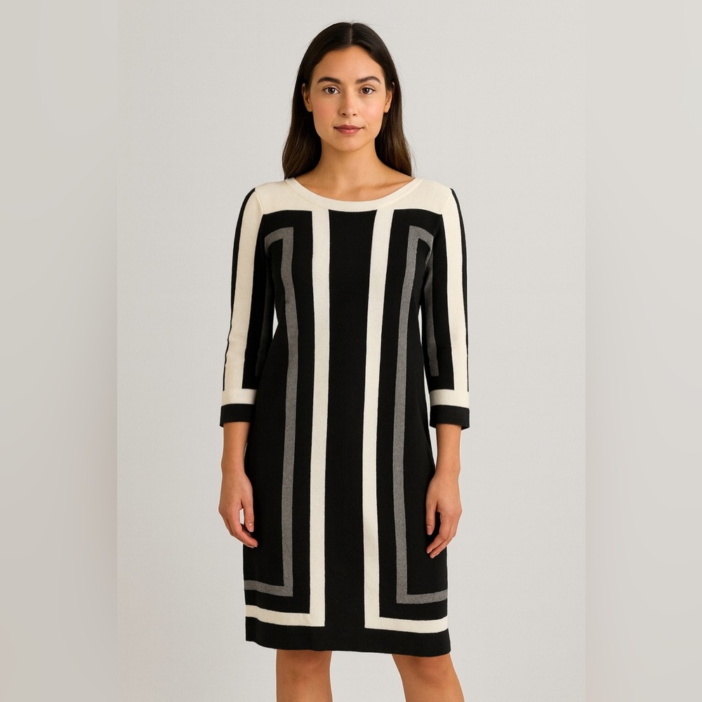 Roz & Ali Sweater Dress Geometric Print Career Casual Black White Size M